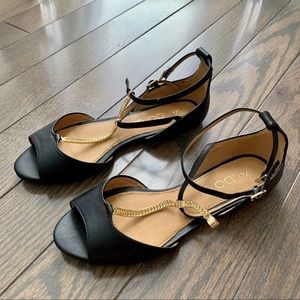 ALDO Black Flat Sandals with Gold Chain
